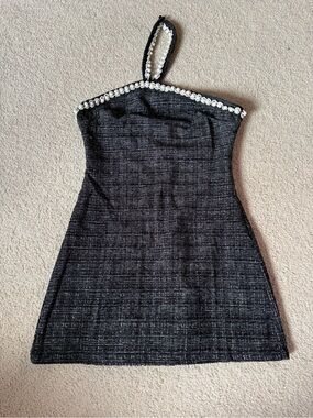 TCEC Black Halter Tweed Mini Dress with Beaded Trim